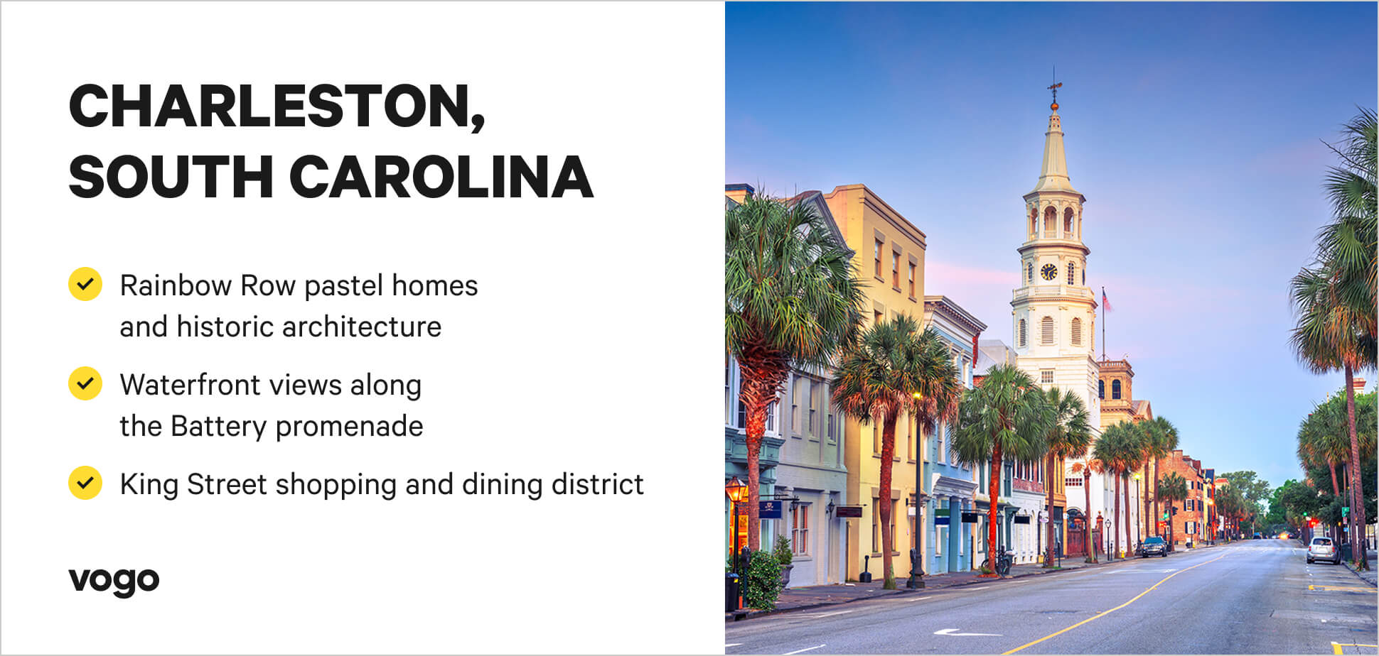 Charleston scene with things to do highlights. 