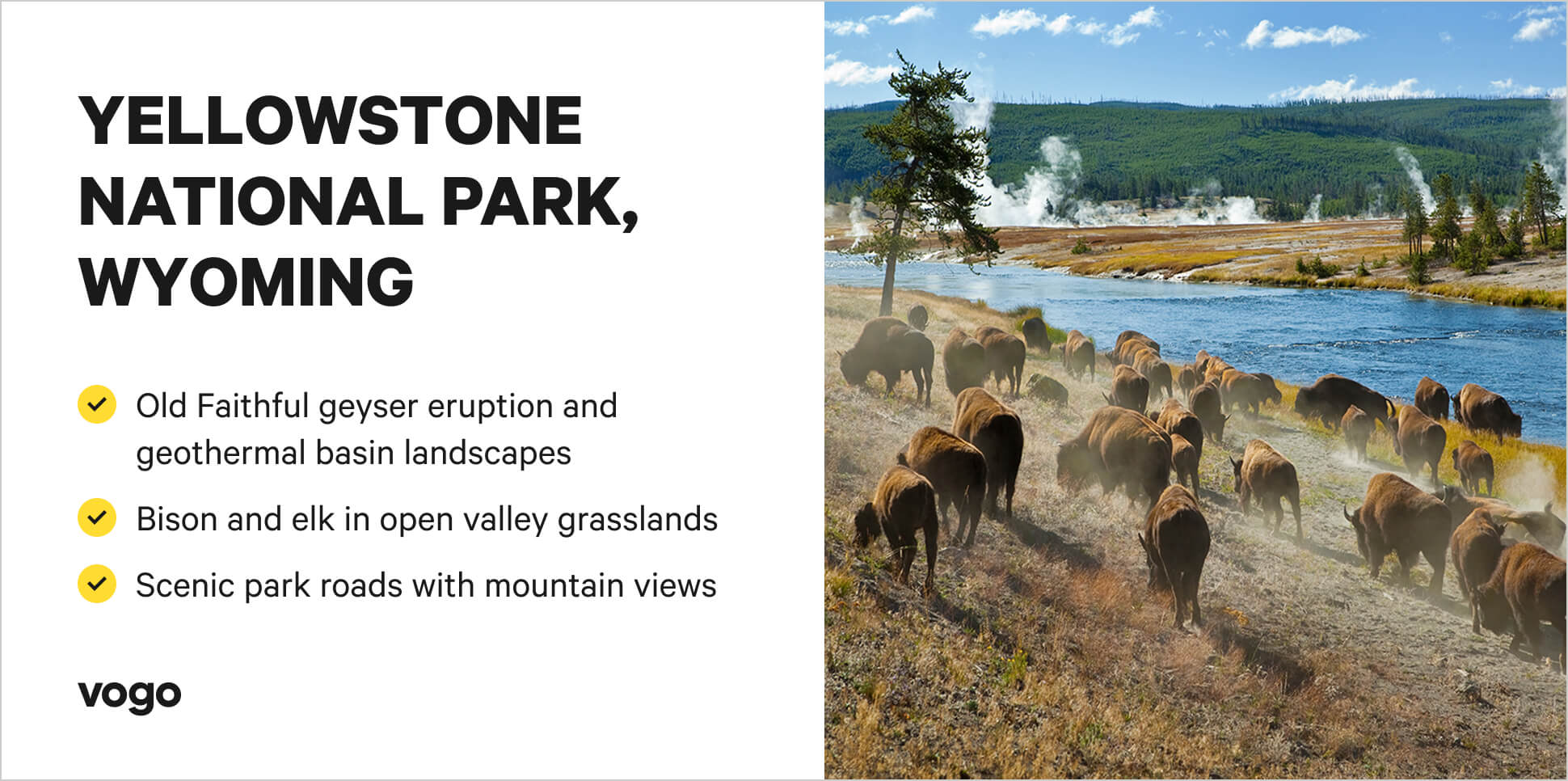 Yellowstone scene with things to do highlights. 