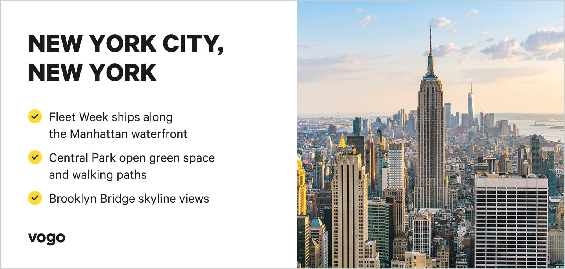 New York summer scene with things to do highlights. 