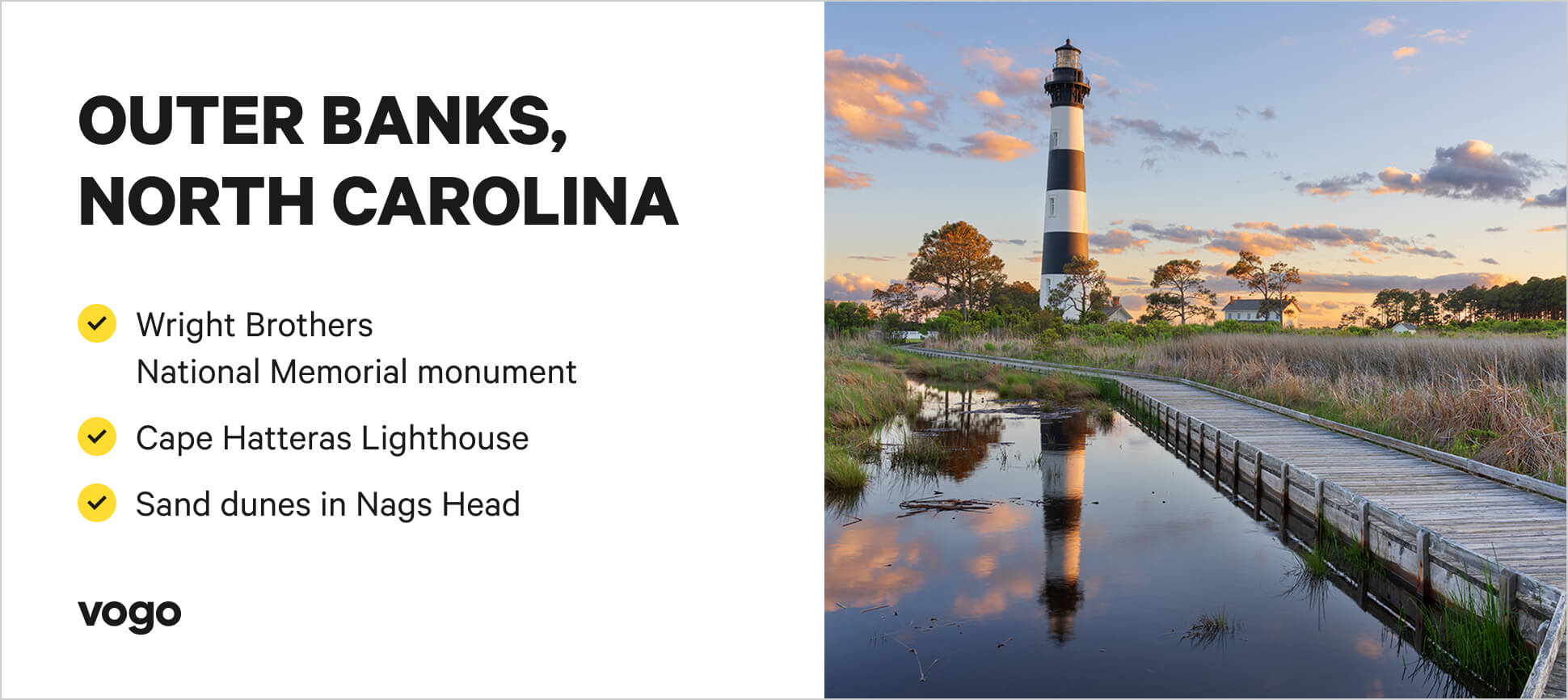 Outer Banks coastal scene with things to do highlights. 