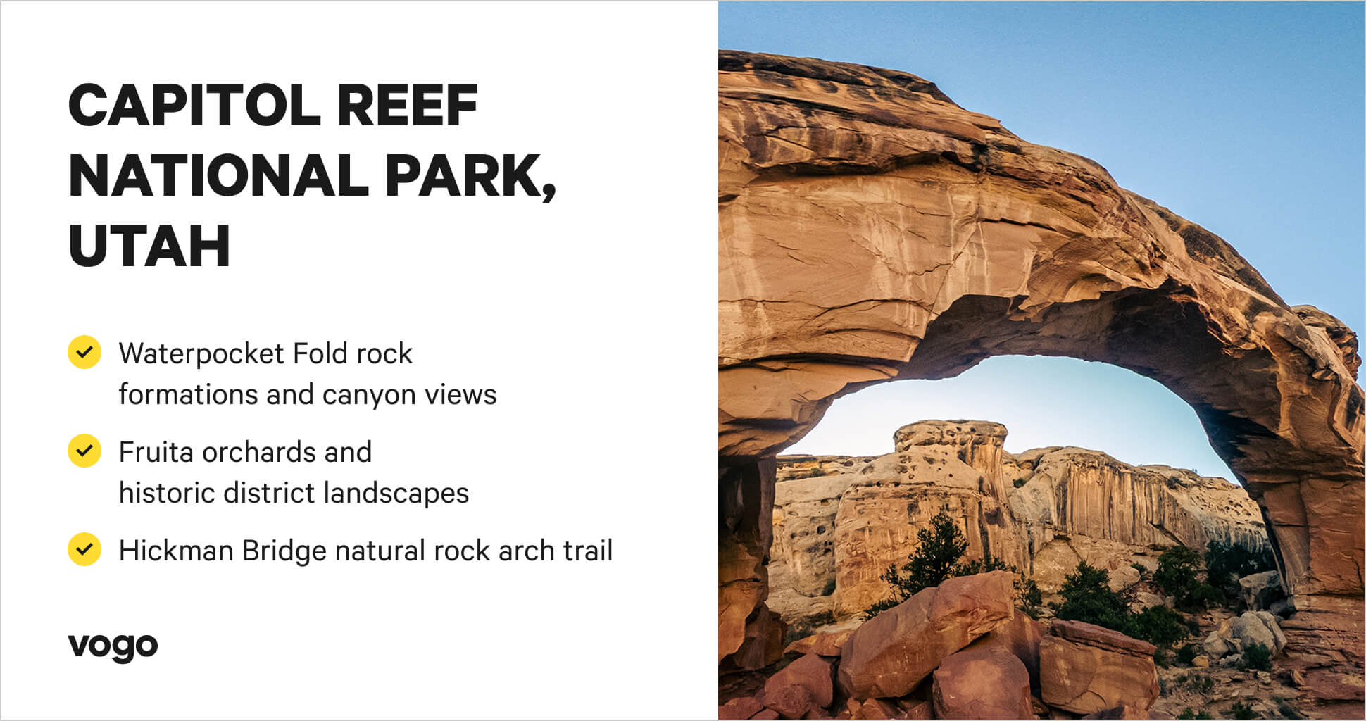 Capitol Reef scene with things to do highlights. 