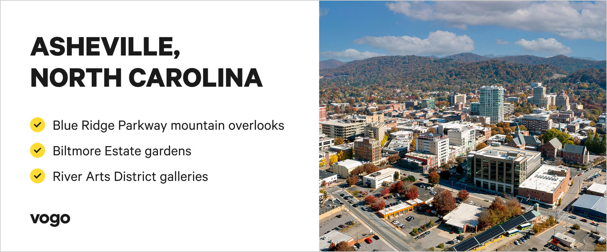 Asheville scene with things to do highlights. 
