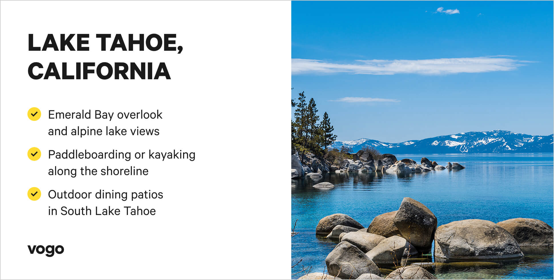 Lake Tahoe scene in summer with things to do highlights. 