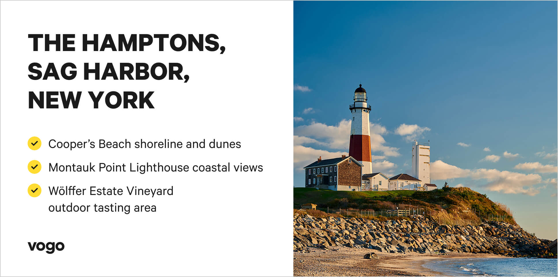 The Hamptons scene with things to do highlight callouts.