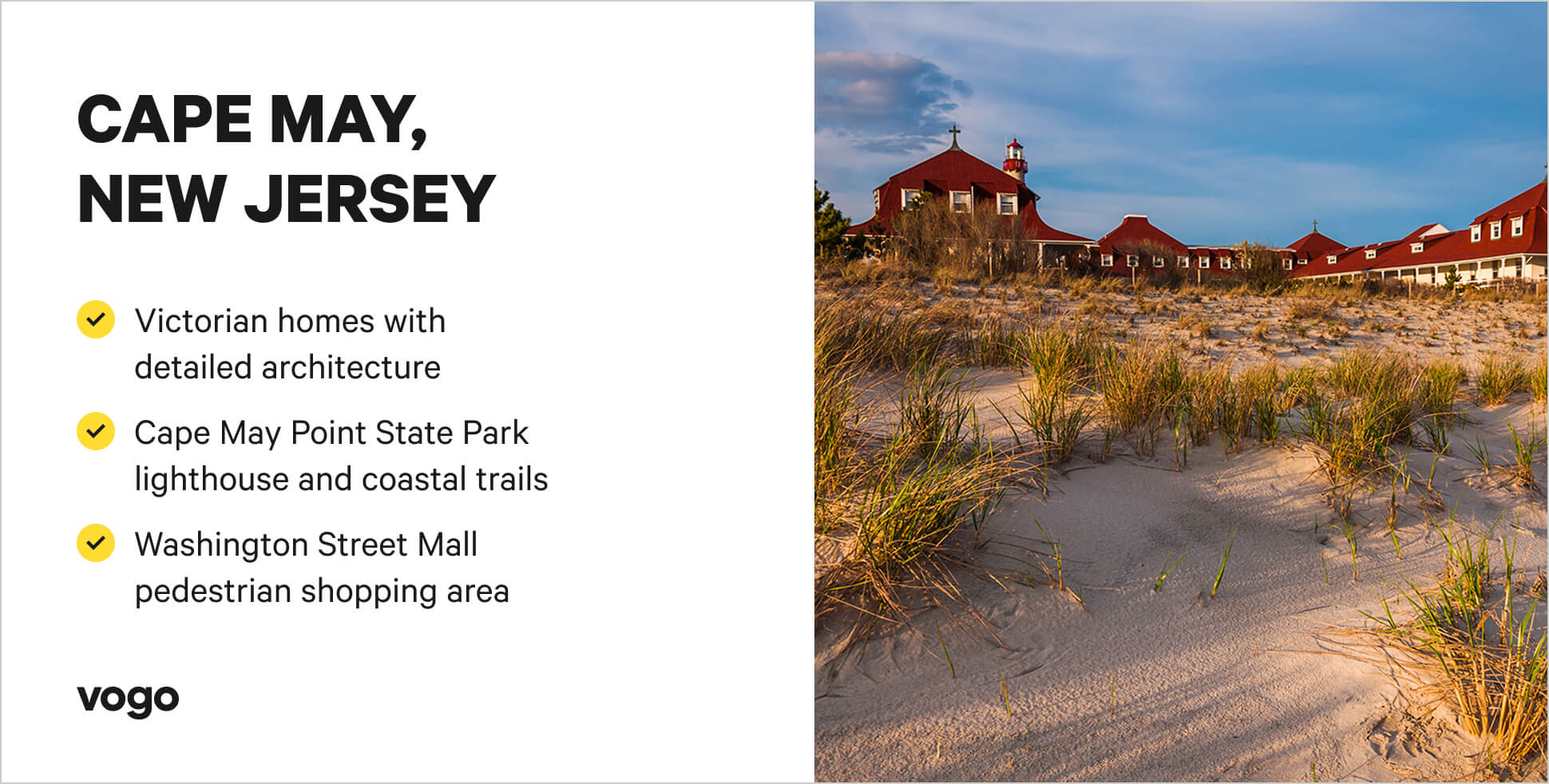 Cape May scene with things to do highlights. 